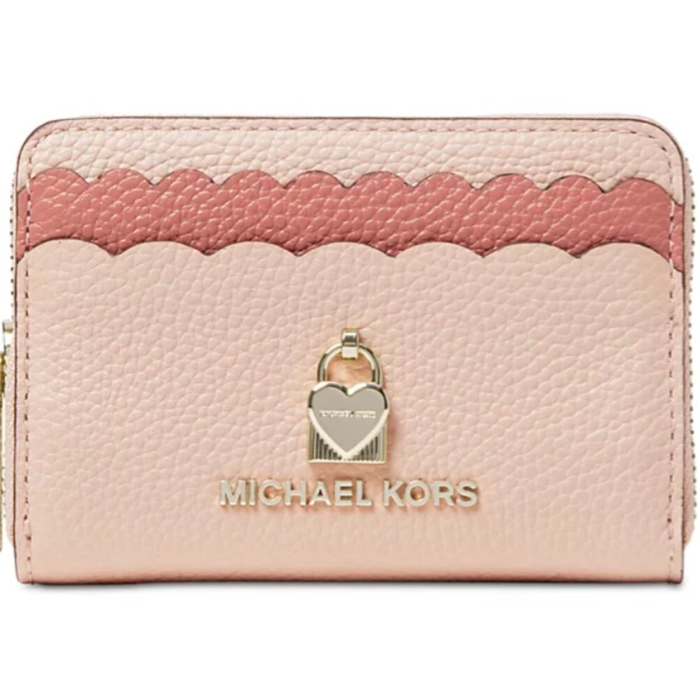 Michael Kors Scalloped Pink Bicolor Pebble Leather Coin Card Case Wallet